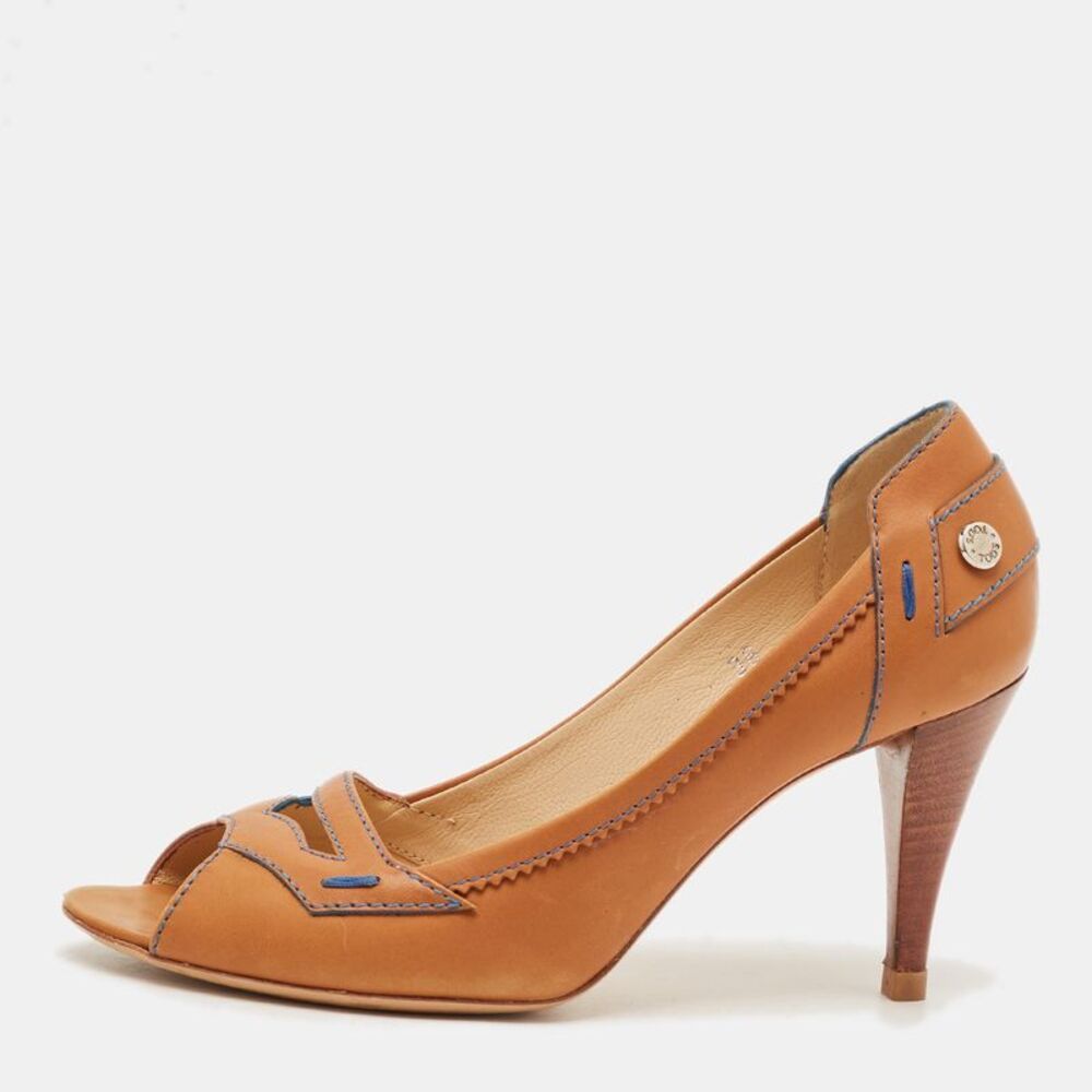 Tod's Size 36 Tan Leather Stitch Detail Open Toe Pumps